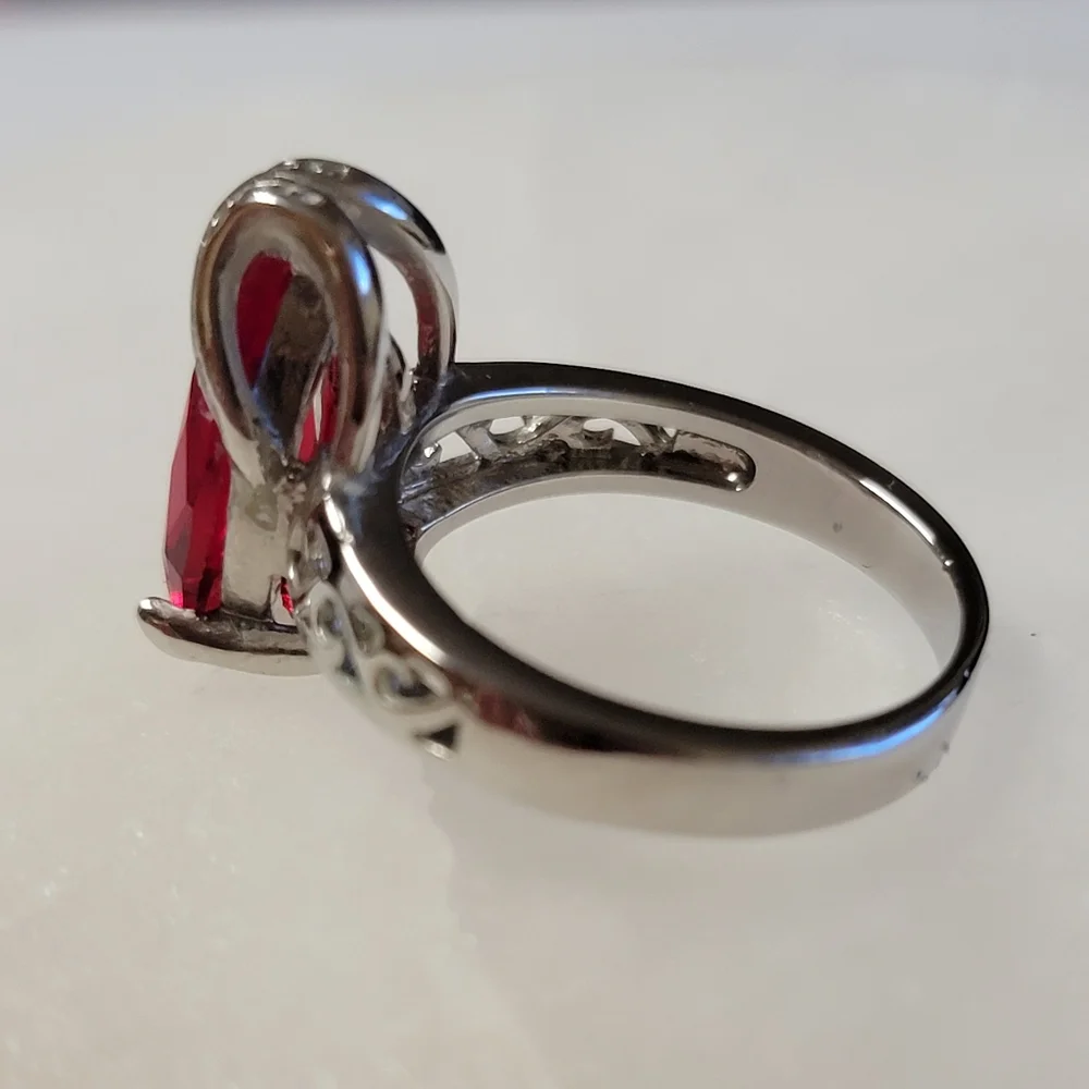 Faux Ruby Marquise Cocktail Ring Silver Tone